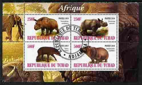 Chad 2010 African Fauna #1 perf sheetlet containing 4 values fine cto used, stamps on , stamps on  stamps on animals, stamps on  stamps on hippos, stamps on  stamps on elephants