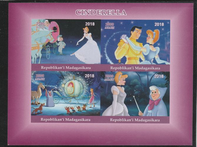 Madagascar 2018 Cinderella imperf sheetlet containing 4 values unmounted mint. Note this item is privately produced and is offered purely on its thematic appeal., stamps on fulms, stamps on , stamps on  cinema, stamps on movis, stamps on cartoons, stamps on disney