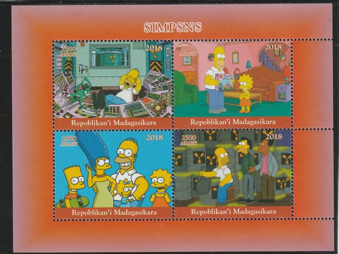 Madagascar 2018 The Simpsons perf sheetlet containing 4 values unmounted mint. Note this item is privately produced and is offered purely on its thematic appeal., stamps on fulms, stamps on  tv , stamps on  cinema, stamps on movis, stamps on cartoons