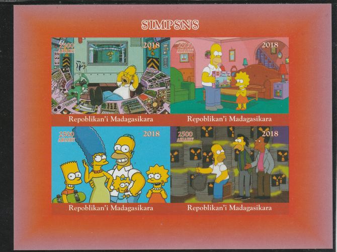 Madagascar 2018 The Simpsons imperf sheetlet containing 4 values unmounted mint. Note this item is privately produced and is offered purely on its thematic appeal., stamps on , stamps on  stamps on fulms, stamps on  stamps on  tv , stamps on  stamps on  cinema, stamps on  stamps on movis, stamps on  stamps on cartoons