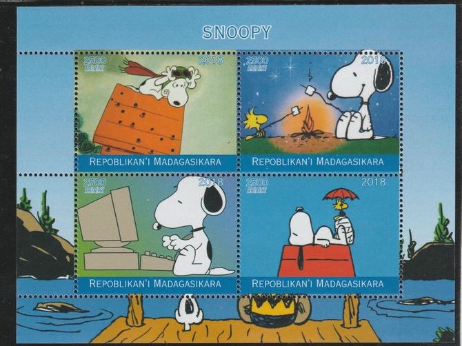 Madagascar 2018 Snoopy perf sheetlet containing 4 values unmounted mint. Note this item is privately produced and is offered purely on its thematic appeal., stamps on , stamps on  stamps on fulms, stamps on  stamps on  tv , stamps on  stamps on  cinema, stamps on  stamps on movis, stamps on  stamps on cartoons, stamps on  stamps on dogs