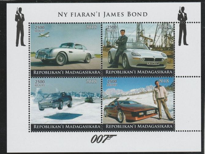 Madagascar 2018 James Bond's Cars perf sheetlet containing 4 values unmounted mint. Note this item is privately produced and is offered purely on its thematic appeal., stamps on fulms, stamps on , stamps on  cinema, stamps on movis, stamps on james bond, stamps on  spy , stamps on cars