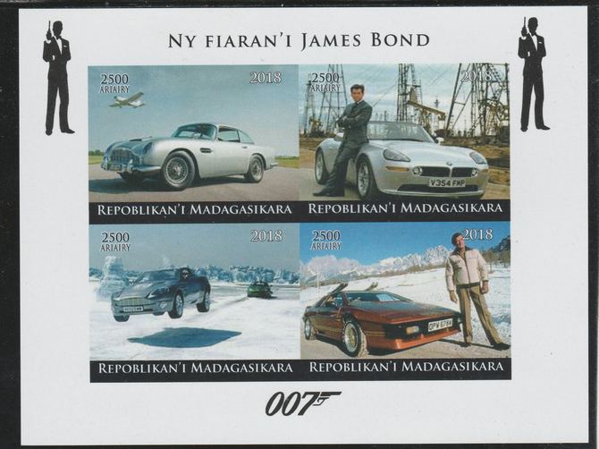 Madagascar 2018 James Bonds Cars imperf sheetlet containing 4 values unmounted mint. Note this item is privately produced and is offered purely on its thematic appeal., stamps on fulms, stamps on , stamps on  cinema, stamps on movis, stamps on james bond, stamps on  spy , stamps on cars