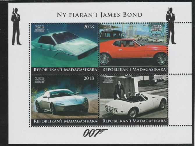 Madagascar 2018 James Bond's Cars perf sheetlet containing 4 values unmounted mint. Note this item is privately produced and is offered purely on its thematic appeal., stamps on fulms, stamps on , stamps on  cinema, stamps on movis, stamps on james bond, stamps on  spy , stamps on cars