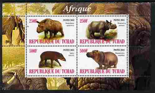 Chad 2010 African Fauna #1 perf sheetlet containing 4 values unmounted mint, stamps on , stamps on  stamps on animals, stamps on  stamps on hippos, stamps on  stamps on elephants