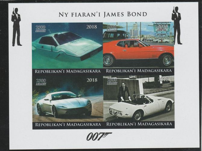 Madagascar 2018 James Bonds Cars imperf sheetlet containing 4 values unmounted mint. Note this item is privately produced and is offered purely on its thematic appeal., stamps on fulms, stamps on , stamps on  cinema, stamps on movis, stamps on james bond, stamps on  spy , stamps on cars