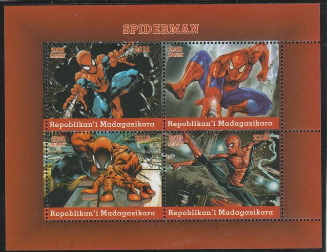 Madagascar 2018 Spiderman perf sheetlet containing 4 values unmounted mint. Note this item is privately produced and is offered purely on its thematic appeal., stamps on fulms, stamps on  tv , stamps on  cinema, stamps on movis, stamps on cartoons, stamps on spiderman