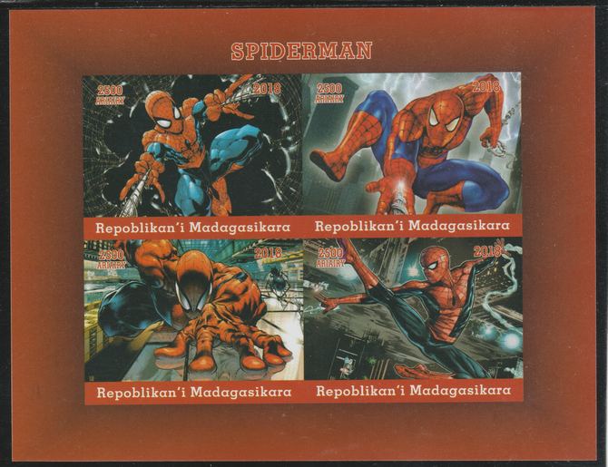 Madagascar 2018 Spiderman imperf sheetlet containing 4 values unmounted mint. Note this item is privately produced and is offered purely on its thematic appeal., stamps on , stamps on  stamps on fulms, stamps on  stamps on  tv , stamps on  stamps on  cinema, stamps on  stamps on movis, stamps on  stamps on cartoons, stamps on  stamps on spiderman