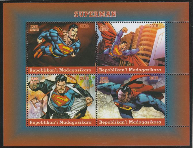 Madagascar 2018 Superman perf sheetlet containing 4 values unmounted mint. Note this item is privately produced and is offered purely on its thematic appeal., stamps on , stamps on  stamps on fulms, stamps on  stamps on  tv , stamps on  stamps on  cinema, stamps on  stamps on movis, stamps on  stamps on cartoons, stamps on  stamps on superman