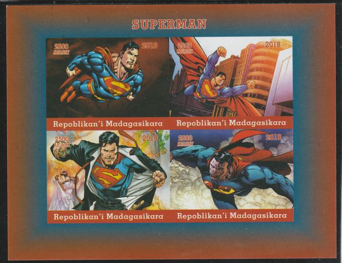 Madagascar 2018 Superman imperf sheetlet containing 4 values unmounted mint. Note this item is privately produced and is offered purely on its thematic appeal., stamps on , stamps on  stamps on fulms, stamps on  stamps on  tv , stamps on  stamps on  cinema, stamps on  stamps on movis, stamps on  stamps on cartoons, stamps on  stamps on superman