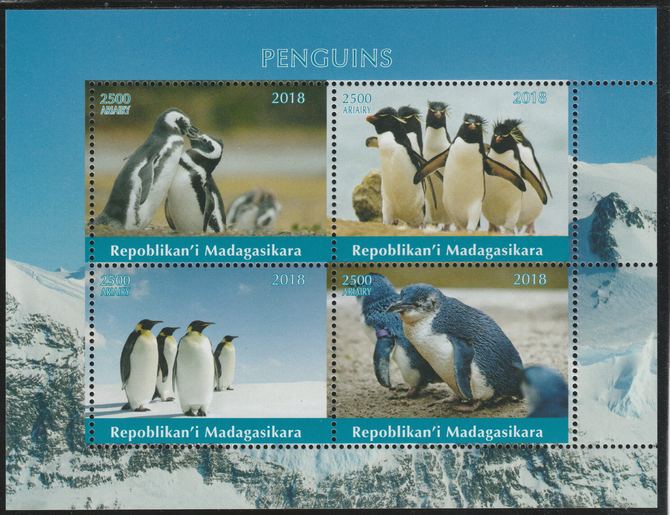 Madagascar 2018 Penguins perf sheetlet containing 4 values unmounted mint. Note this item is privately produced and is offered purely on its thematic appeal., stamps on , stamps on  stamps on birds, stamps on  stamps on penguins, stamps on  stamps on polar