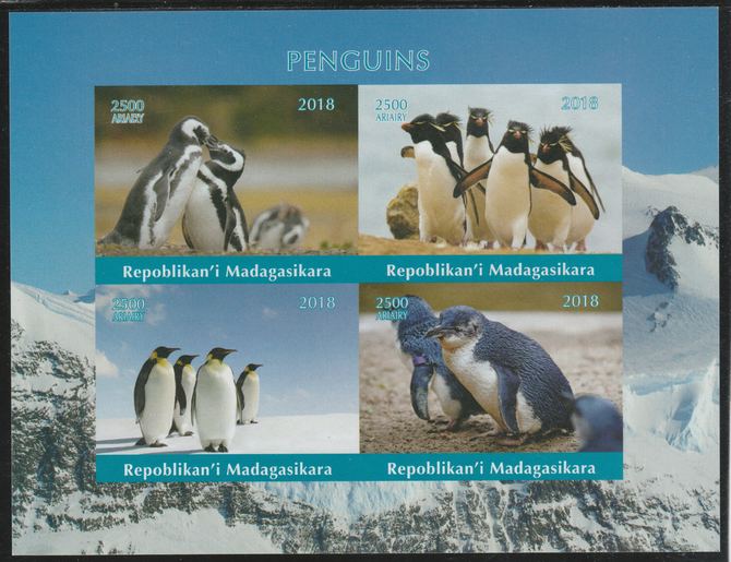 Madagascar 2018 Penguins imperf sheetlet containing 4 values unmounted mint. Note this item is privately produced and is offered purely on its thematic appeal., stamps on , stamps on  stamps on birds, stamps on  stamps on penguins, stamps on  stamps on polar