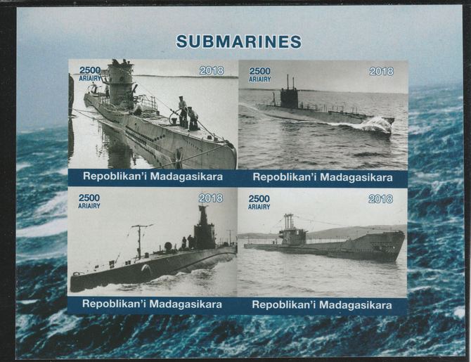 Madagascar 2018 Submarines imperf sheetlet containing 4 values unmounted mint. Note this item is privately produced and is offered purely on its thematic appeal., stamps on , stamps on  stamps on ships, stamps on  stamps on submarines