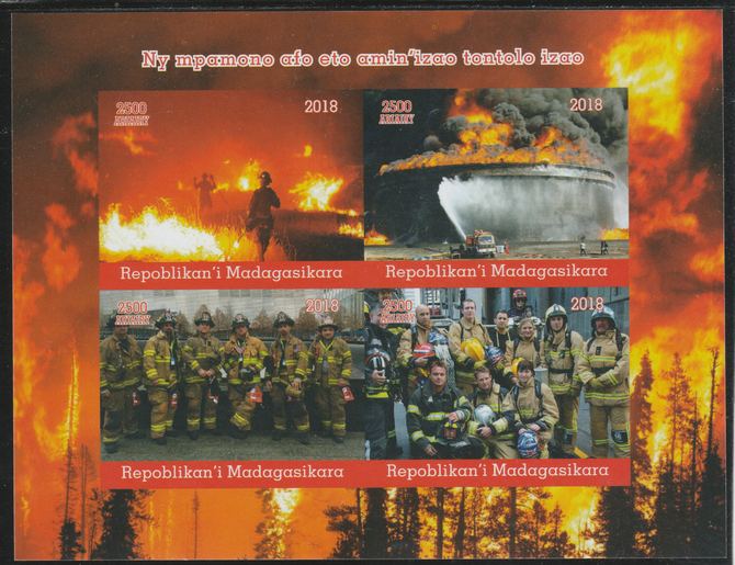 Madagascar 2018 Fire Fighters imperf sheetlet containing 4 values unmounted mint. Note this item is privately produced and is offered purely on its thematic appeal., stamps on , stamps on  stamps on fire