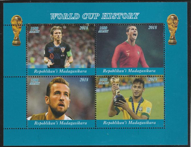 Madagascar 2018 Football - World Cup History perf sheetlet containing 4 values unmounted mint. Note this item is privately produced and is offered purely on its thematic appeal., stamps on football