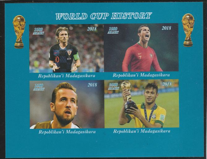 Madagascar 2018 Football - World Cup History imperf sheetlet containing 4 values unmounted mint. Note this item is privately produced and is offered purely on its themati..., stamps on football