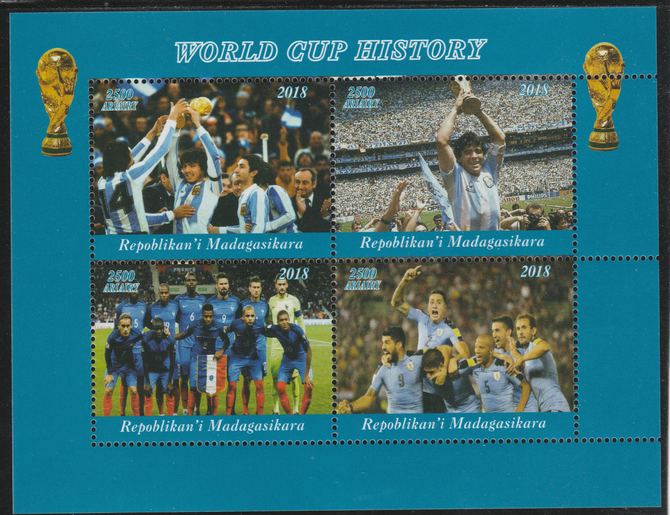 Madagascar 2018 Football - World Cup History perf sheetlet containing 4 values unmounted mint. Note this item is privately produced and is offered purely on its thematic ..., stamps on football