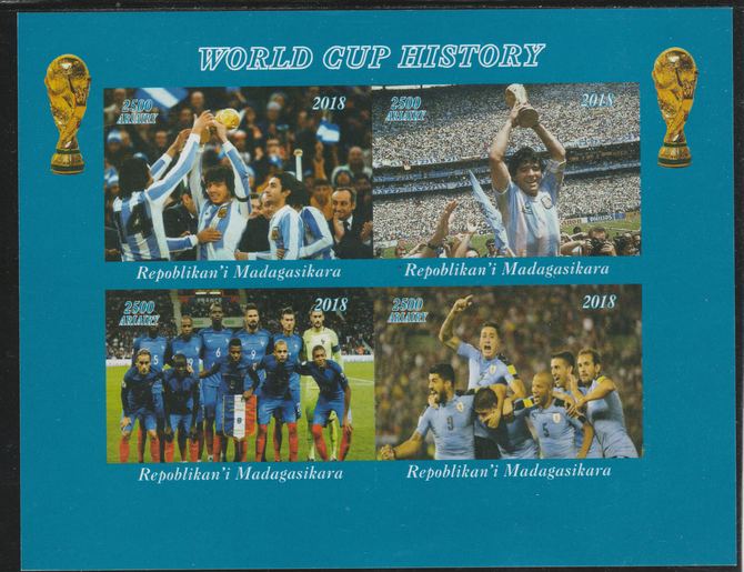 Madagascar 2018 Football - World Cup History imperf sheetlet containing 4 values unmounted mint. Note this item is privately produced and is offered purely on its thematic appeal., stamps on football