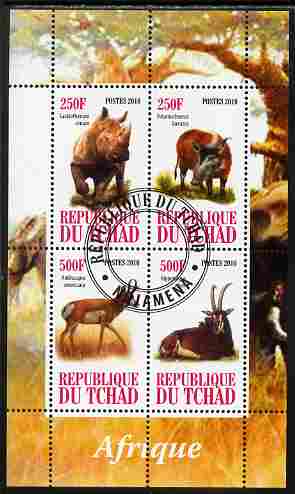 Chad 2010 African Fauna #2 perf sheetlet containing 4 values fine cto used, stamps on animals, stamps on rhinos, stamps on antelope