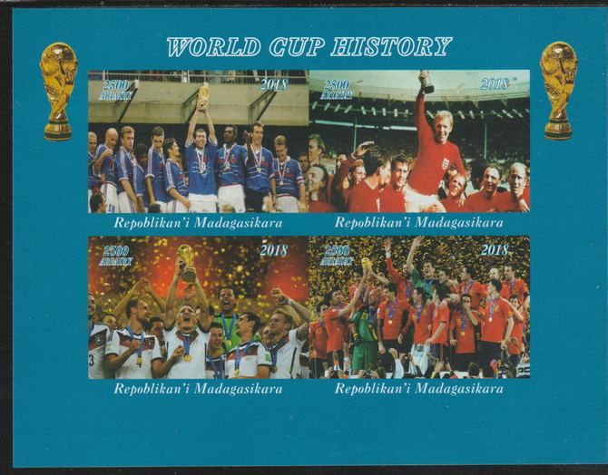 Madagascar 2018 Football - World Cup History imperf sheetlet containing 4 values unmounted mint. Note this item is privately produced and is offered purely on its thematic appeal., stamps on football