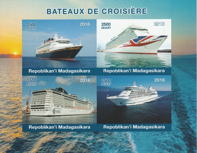 Madagascar 2018 Cruise Ships imperf sheetlet containing 4 values unmounted mint. Note this item is privately produced and is offered purely on its thematic appeal., stamps on , stamps on  stamps on ships, stamps on  stamps on 