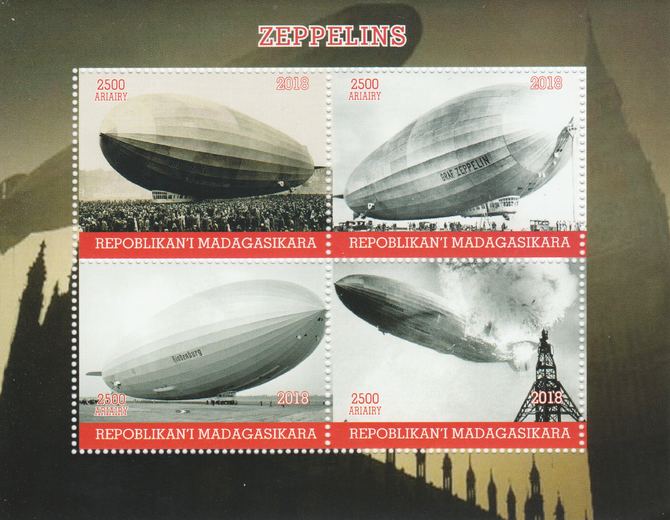 Madagascar 2018 Zeppelins perf sheetlet containing 4 values unmounted mint. Note this item is privately produced and is offered purely on its thematic appeal., stamps on , stamps on  stamps on aviation, stamps on  stamps on airshis, stamps on  stamps on zeppelins