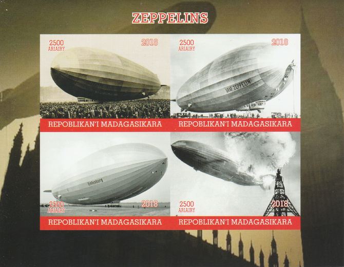 Madagascar 2018 Zeppelins imperf sheetlet containing 4 values unmounted mint. Note this item is privately produced and is offered purely on its thematic appeal., stamps on , stamps on  stamps on aviation, stamps on  stamps on airshis, stamps on  stamps on zeppelins