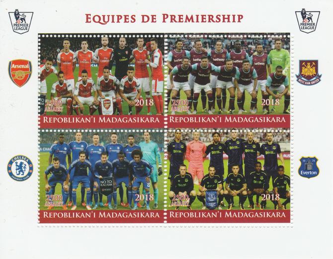 Madagascar 2018 Premier League Football Teams #1 perf sheetlet containing 4 values unmounted mint. Note this item is privately produced and is offered purely on its thematic appeal., stamps on , stamps on  stamps on football