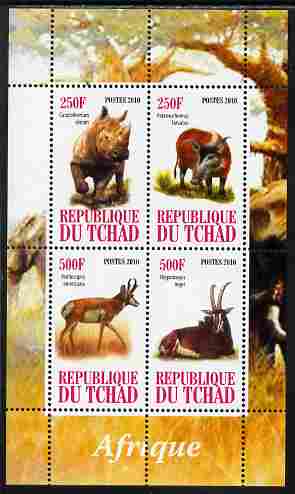 Chad 2010 African Fauna #2 perf sheetlet containing 4 values unmounted mint, stamps on , stamps on  stamps on animals, stamps on  stamps on rhinos, stamps on  stamps on antelope