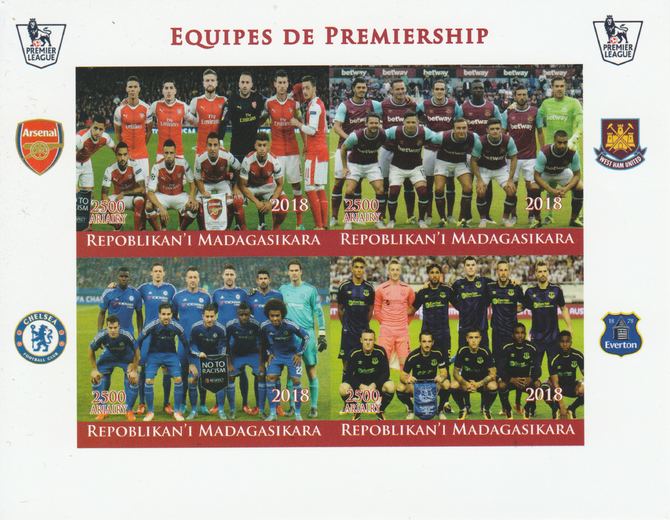 Madagascar 2018 Premier League Football Teams #1 imperf sheetlet containing 4 values unmounted mint. Note this item is privately produced and is offered purely on its the..., stamps on football