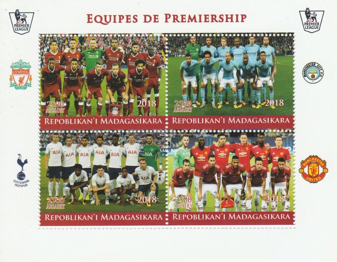 Madagascar 2018 Premier League Football Teams #2 perf sheetlet containing 4 values unmounted mint. Note this item is privately produced and is offered purely on its thematic appeal., stamps on football