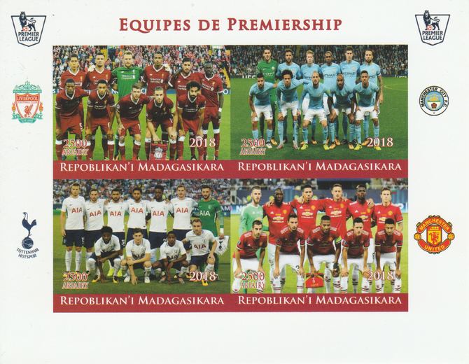 Madagascar 2018 Premier League Football Teams #2 imperf sheetlet containing 4 values unmounted mint. Note this item is privately produced and is offered purely on its the..., stamps on football