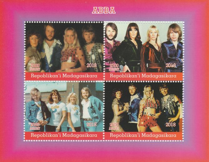Madagascar 2018 Abba (Pop group) perf sheetlet containing 4 values unmounted mint. Note this item is privately produced and is offered purely on its thematic appeal., stamps on music, stamps on pops, stamps on abba