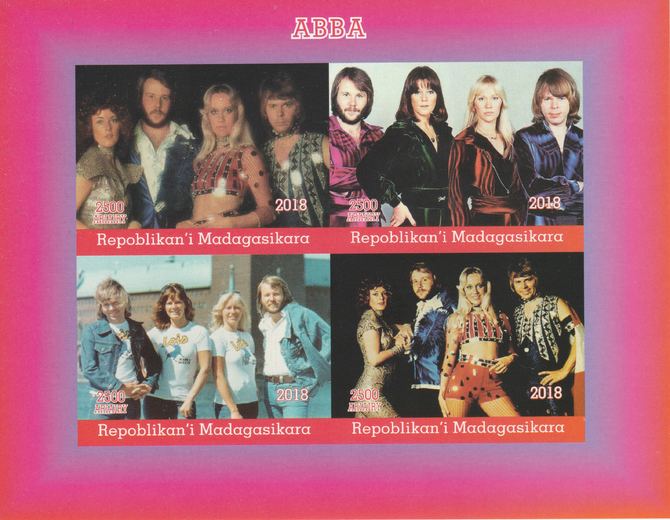 Madagascar 2018 Abba (Pop group) imperf sheetlet containing 4 values unmounted mint. Note this item is privately produced and is offered purely on its thematic appeal., stamps on , stamps on  stamps on music, stamps on  stamps on pops, stamps on  stamps on abba