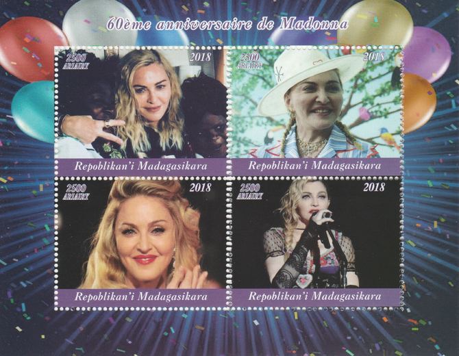 Madagascar 2018 Madonnas 60th Birthday perf sheetlet containing 4 values unmounted mint. Note this item is privately produced and is offered purely on its thematic appeal..., stamps on music, stamps on pops, stamps on madonna, stamps on women