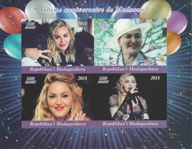 Madagascar 2018 Madonna's 60th Birthday imperf sheetlet containing 4 values unmounted mint. Note this item is privately produced and is offered purely on its thematic appeal., stamps on , stamps on  stamps on music, stamps on  stamps on pops, stamps on  stamps on madonna, stamps on  stamps on women