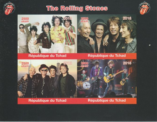 Madagascar 2018 Rolling Stones imperf sheetlet containing 4 values unmounted mint. Note this item is privately produced and is offered purely on its thematic appeal., stamps on , stamps on  stamps on music, stamps on  stamps on pops, stamps on  stamps on rock, stamps on  stamps on stones