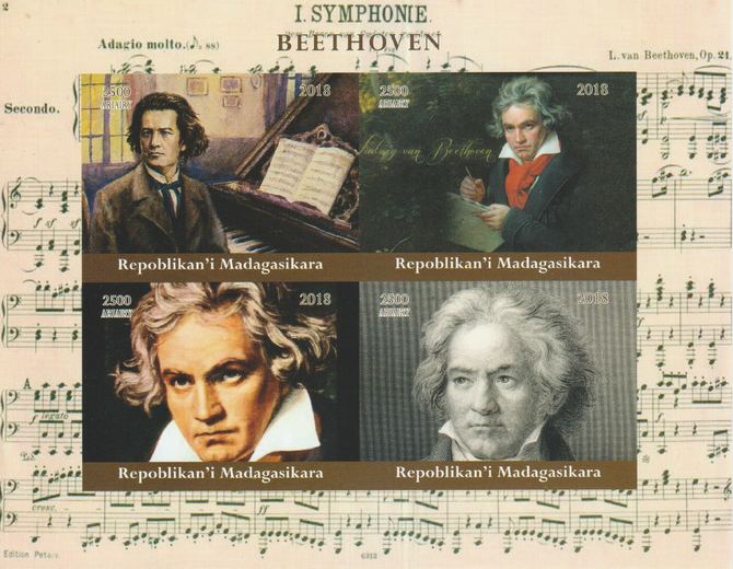 Madagascar 2018 Beethoven imperf sheetlet containing 4 values unmounted mint. Note this item is privately produced and is offered purely on its thematic appeal.