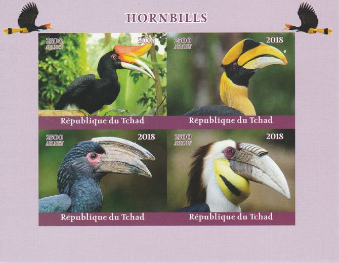 Madagascar 2018 Hornbill Birds imperf sheetlet containing 4 values unmounted mint. Note this item is privately produced and is offered purely on its thematic appeal., stamps on birds, stamps on hornbills