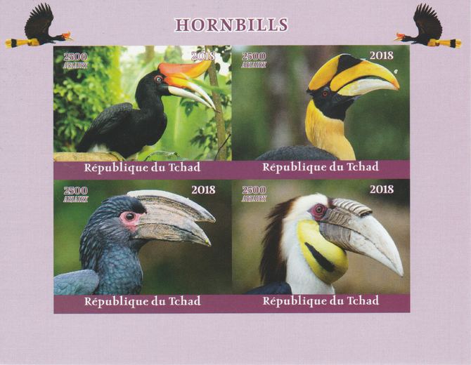 Madagascar 2018 Hornbill Birds imperf sheetlet containing 4 values unmounted mint. Note this item is privately produced and is offered purely on its thematic appeal., stamps on , stamps on  stamps on birds, stamps on  stamps on hornbills