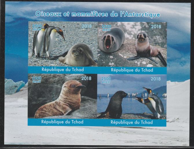 Chad 2018 Polar Birds & Animals imperf sheetlet containing 4 values unmounted mint. Note this item is privately produced and is offered purely on its thematic appeal., stamps on marine life, stamps on birds, stamps on animals, stamps on penguins