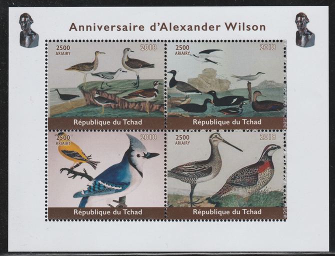 Chad 2018 Alexander Wilson (ornithologist) perf sheetlet containing 4 values unmounted mint. Note this item is privately produced and is offered purely on its thematic ap..., stamps on birds, stamps on 