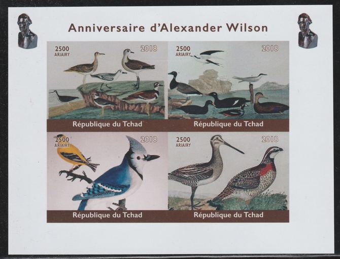 Chad 2018 Alexander Wilson (ornithologist) imperf sheetlet containing 4 values unmounted mint. Note this item is privately produced and is offered purely on its thematic appeal., stamps on , stamps on  stamps on birds, stamps on  stamps on 