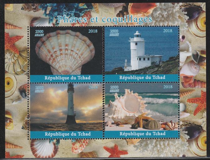 Chad 2018 Shells & Lighthouses perf sheetlet containing 4 values unmounted mint. Note this item is privately produced and is offered purely on its thematic appeal., stamps on , stamps on  stamps on shells, stamps on  stamps on marine life, stamps on  stamps on lighthouses