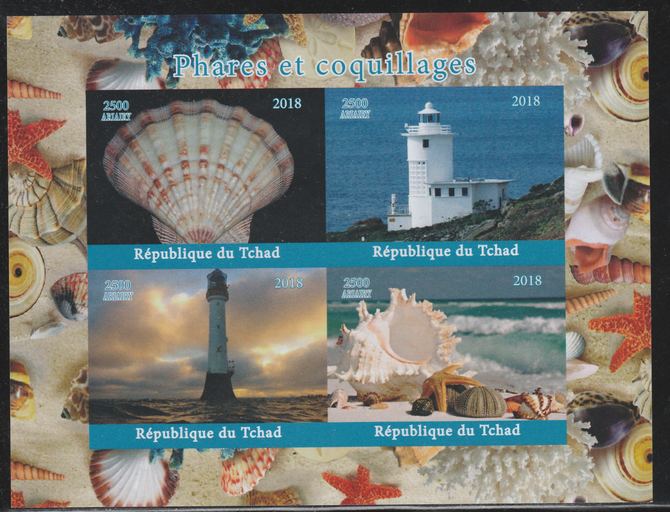 Chad 2018 Shells & Lighthouses imperf sheetlet containing 4 values unmounted mint. Note this item is privately produced and is offered purely on its thematic appeal., stamps on , stamps on  stamps on shells, stamps on  stamps on marine life, stamps on  stamps on lighthouses