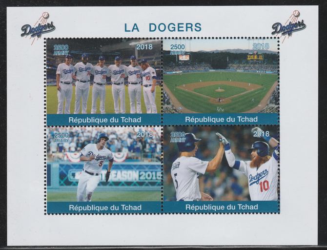 Chad 2018 The Dodgers (Baseball) perf sheetlet containing 4 values unmounted mint. Note this item is privately produced and is offered purely on its thematic appeal., stamps on , stamps on  stamps on baseball, stamps on  stamps on dodgers