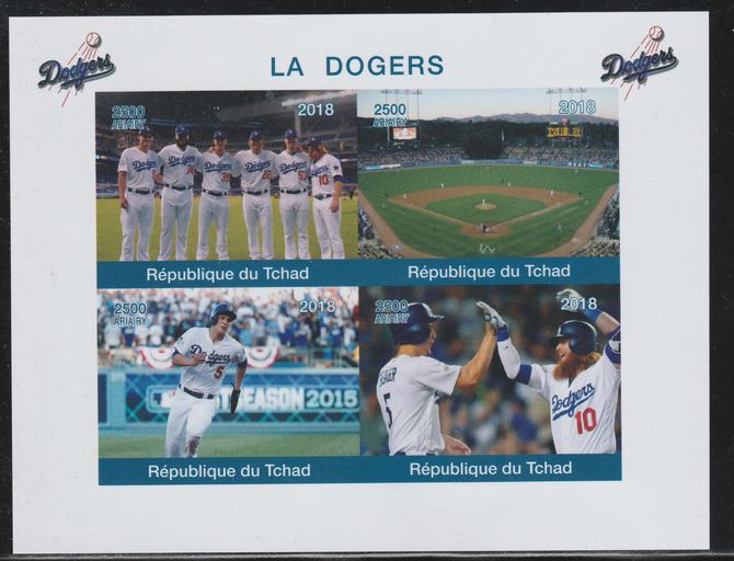 Chad 2018 The Dodgers (Baseball) imperf sheetlet containing 4 values unmounted mint. Note this item is privately produced and is offered purely on its thematic appeal., stamps on baseball, stamps on dodgers