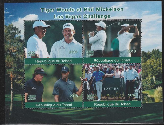 Chad 2018 Tiger Woods & Phil Mickelson (golf) perf sheetlet containing 4 values unmounted mint. Note this item is privately produced and is offered purely on its thematic appeal., stamps on , stamps on  stamps on golf