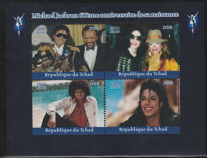 Chad 2018 Michael Jacksin 60th Birth Anniv perf sheetlet containing 4 values unmounted mint. Note this item is privately produced and is offered purely on its thematic appeal., stamps on michael jackson, stamps on music, stamps on pops, stamps on rock