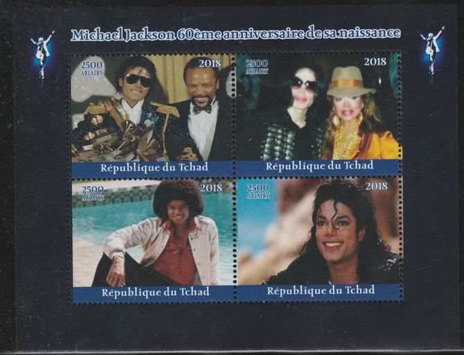 Chad 2018 Michael Jacksin 60th Birth Anniv perf sheetlet containing 4 values unmounted mint. Note this item is privately produced and is offered purely on its thematic ap..., stamps on michael jackson, stamps on music, stamps on pops, stamps on rock